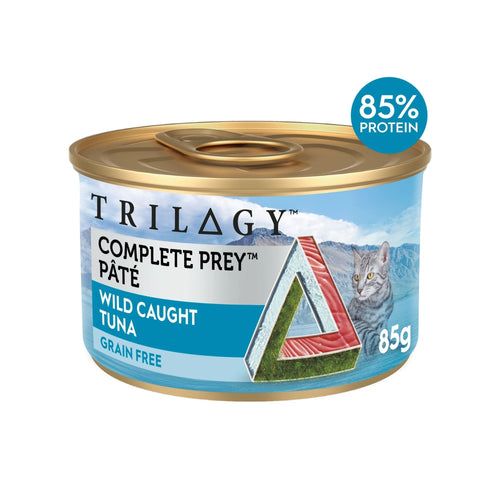 Front view of Trilogy Complete Prey Pâté Wild Caught Tuna Wet Cat Food 85g ring pull can with 85% protein label