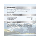 Pet food label for Trilogy Complete Prey Pâté Wild Caught Tuna cat food with ingredients, guaranteed analysis, and daily feeding guide.