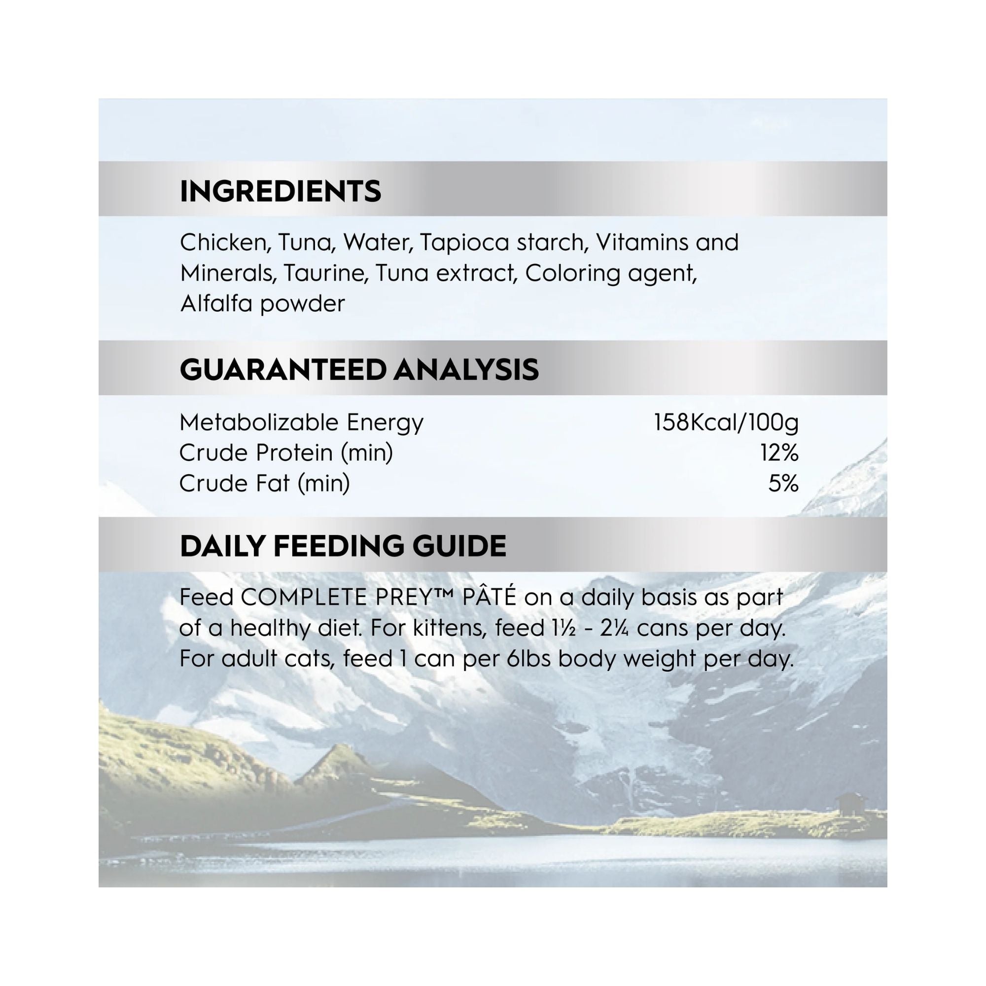 Pet food label for Trilogy Complete Prey Pâté Wild Caught Tuna cat food with ingredients, guaranteed analysis, and daily feeding guide.