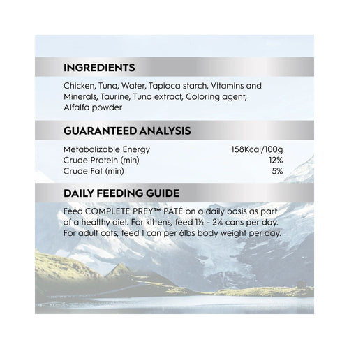 Pet food label for Trilogy Complete Prey Pâté Wild Caught Tuna cat food with ingredients, guaranteed analysis, and daily feeding guide.
