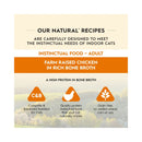Promotional graphic for Trilogy Farm Raised Chicken Bone Broth adult cat food highlighting grain-free complete nutrition