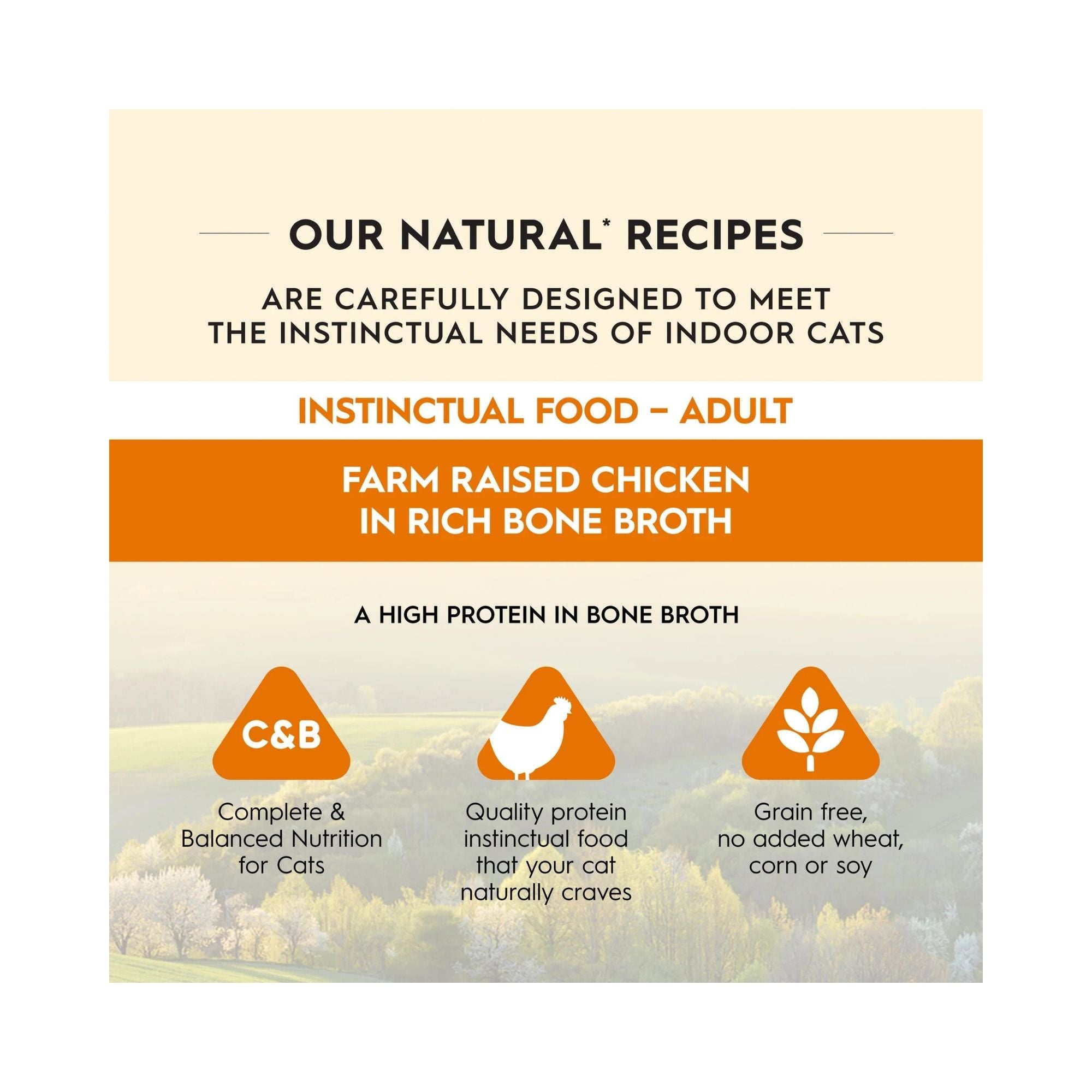 Promotional graphic for Trilogy Farm Raised Chicken Bone Broth adult cat food highlighting grain-free complete nutrition