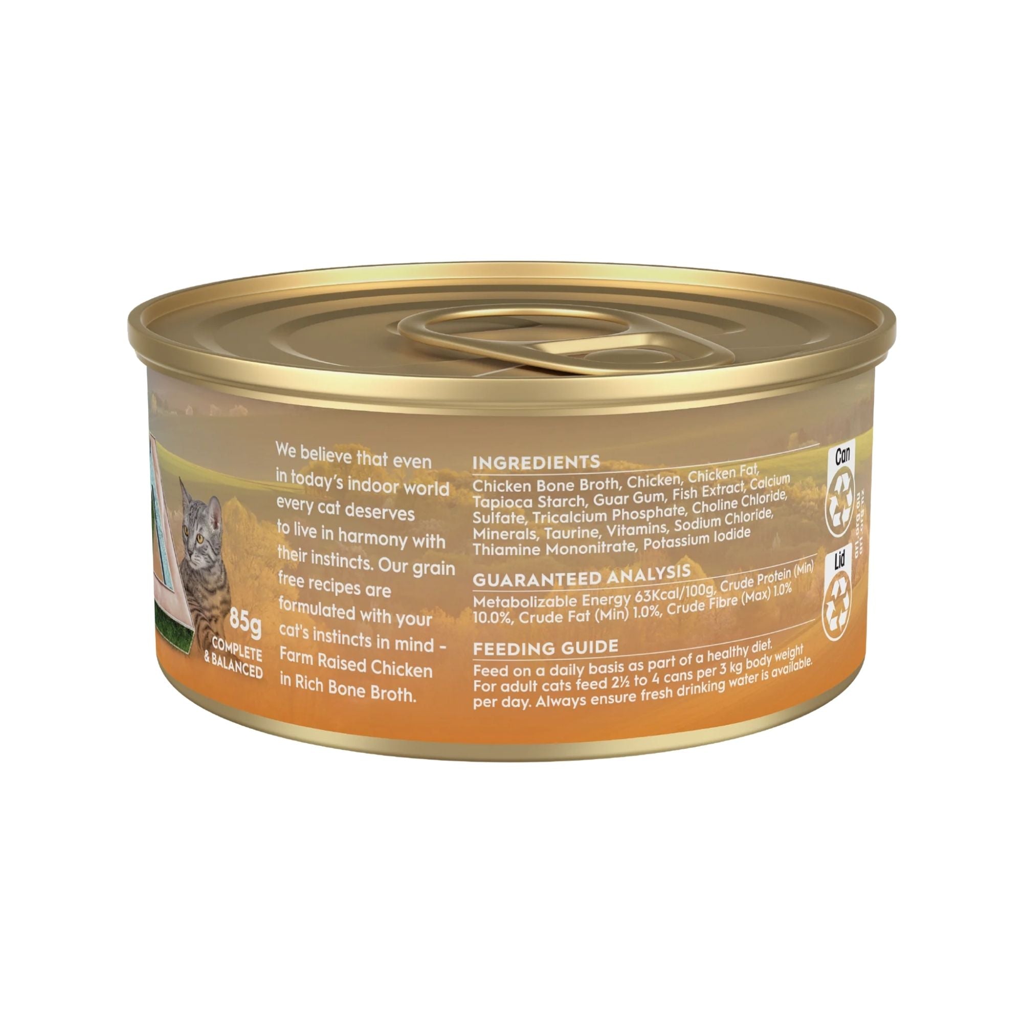 Back label of Trilogy Farm Raised Chicken Bone Broth Adult Wet Cat Food 85g showing ingredients and feeding guide