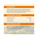 Product information panel for Trilogy Farm Raised Chicken Bone Broth Adult Wet Cat Food 85g with ingredients and feeding guide