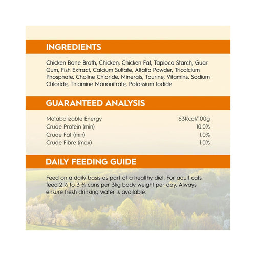 Product information panel for Trilogy Farm Raised Chicken Bone Broth Adult Wet Cat Food 85g with ingredients and feeding guide