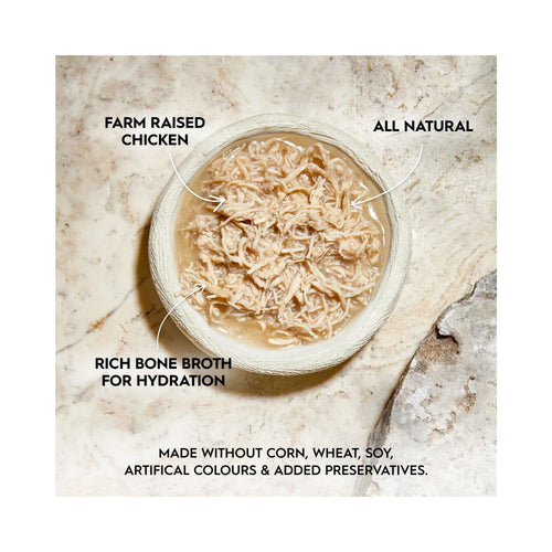 Bowl of Farm Raised Chicken in bone broth promoting hydration and grain-free recipe