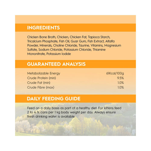 Product information panel for Trilogy Farm Raised Chicken Bone Broth Kitten Wet Food with ingredients and feeding guide