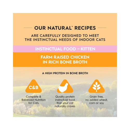 Promotional graphic for Trilogy Farm Raised Chicken Bone Broth kitten food, highlighting grain-free complete nutrition