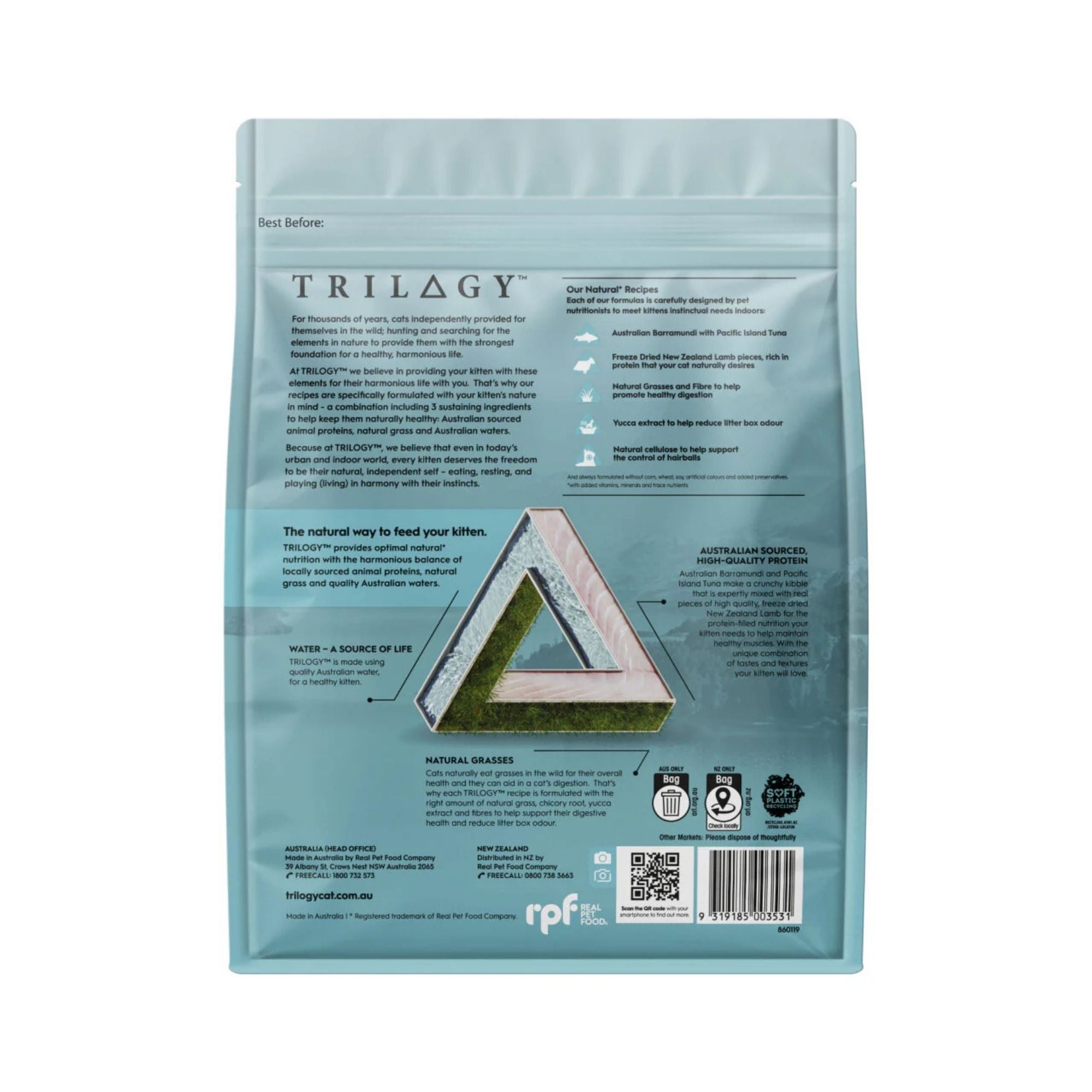Back view of a Trilogy Kitten Australian Barramundi with Pacific Island Tuna + New Zealand Lamb pet food packaging with text and branding.