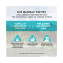 Product label for Trilogy Kitten Australian Barramundi with Pacific Island Tuna + New Zealand Lamb with ingredients and benefits listed