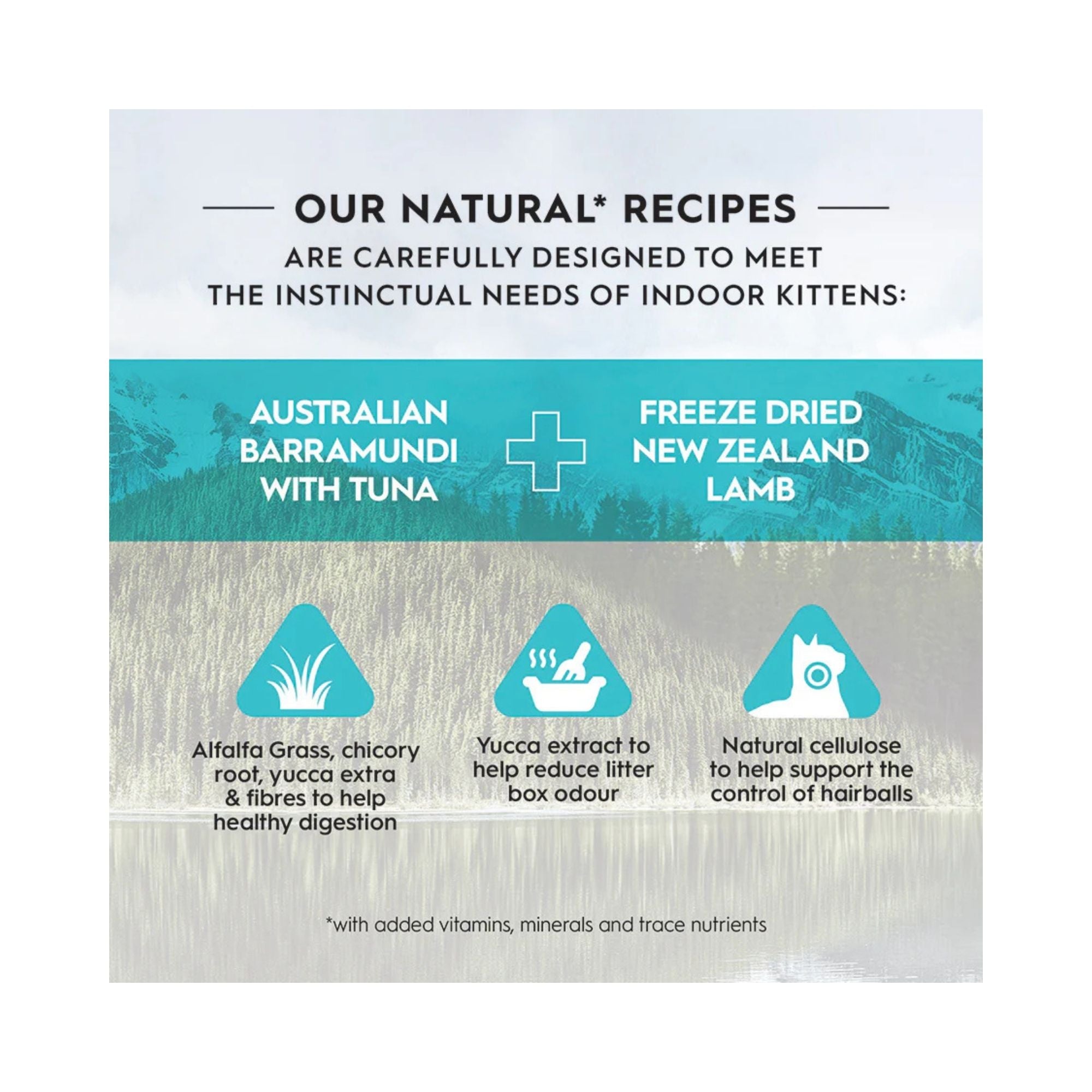 Product label for Trilogy Kitten Australian Barramundi with Pacific Island Tuna + New Zealand Lamb with ingredients and benefits listed