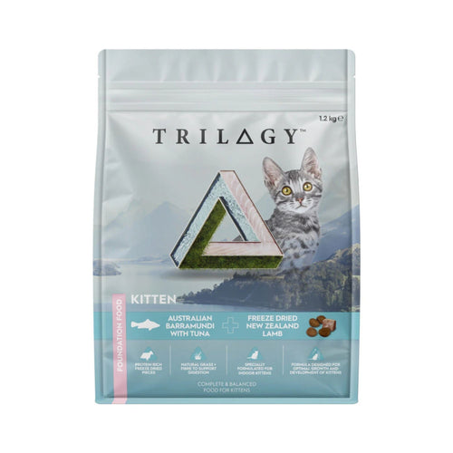 Trilogy Kitten Australian Barramundi with Pacific Island Tuna + New Zealand Lamb front branded packaging
