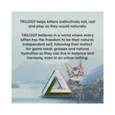 Trilogy instinctively helps kittens graphic with a grey cat sitting next to a Trilogy triangular logo with a scenic background 