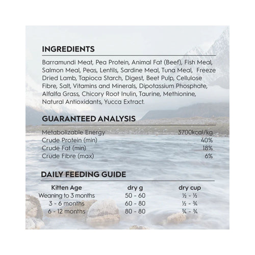 Trilogy Kitten Australian Barramundi with Pacific Island Tuna + New Zealand Lamb label with ingredients, guaranteed analysis, and daily feeding guide