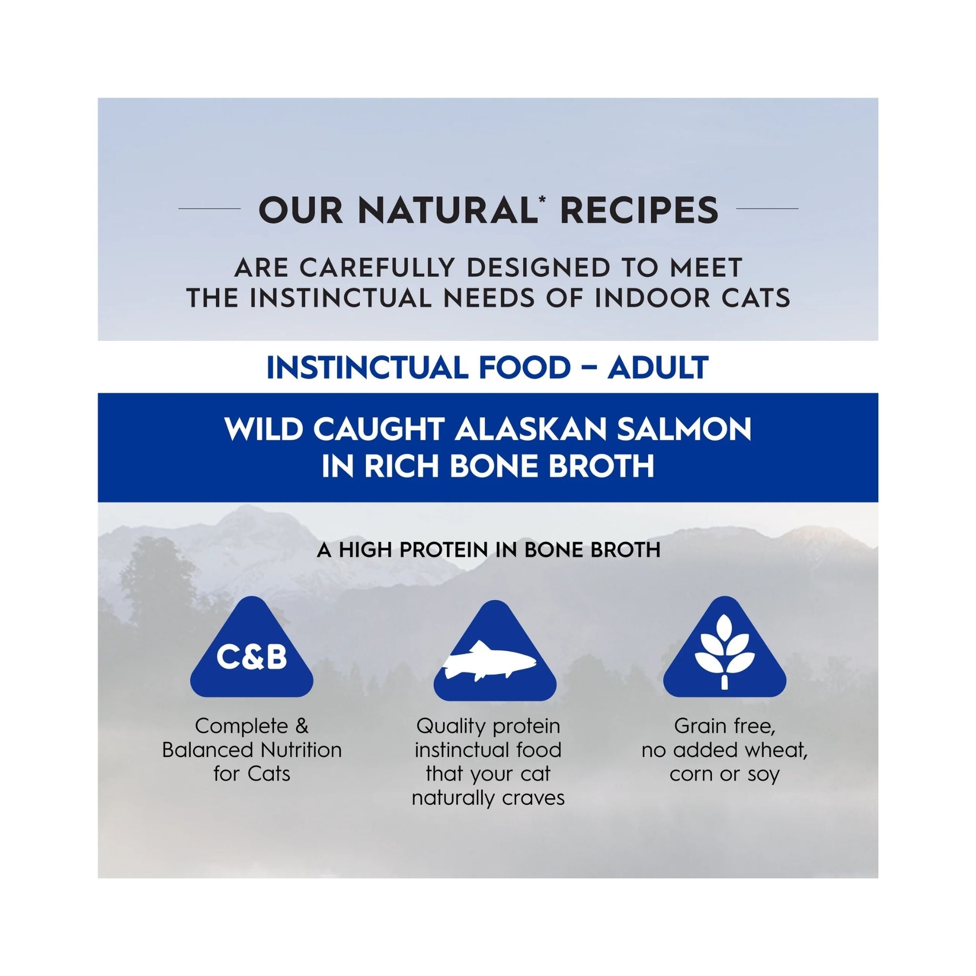 Promotional graphic for Trilogy Wild Caught Alaskan Salmon Bone Broth adult cat food, highlighting grain-free complete nutrition