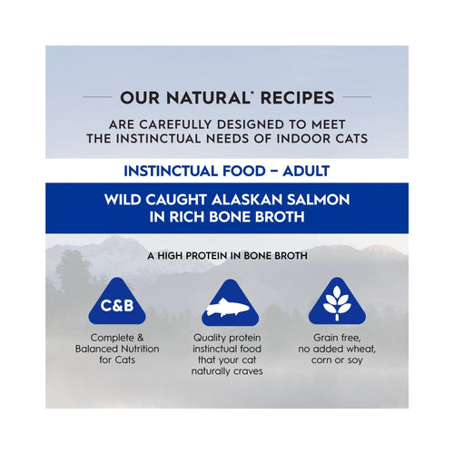 Promotional graphic for Trilogy Wild Caught Alaskan Salmon Bone Broth adult cat food, highlighting grain-free complete nutrition