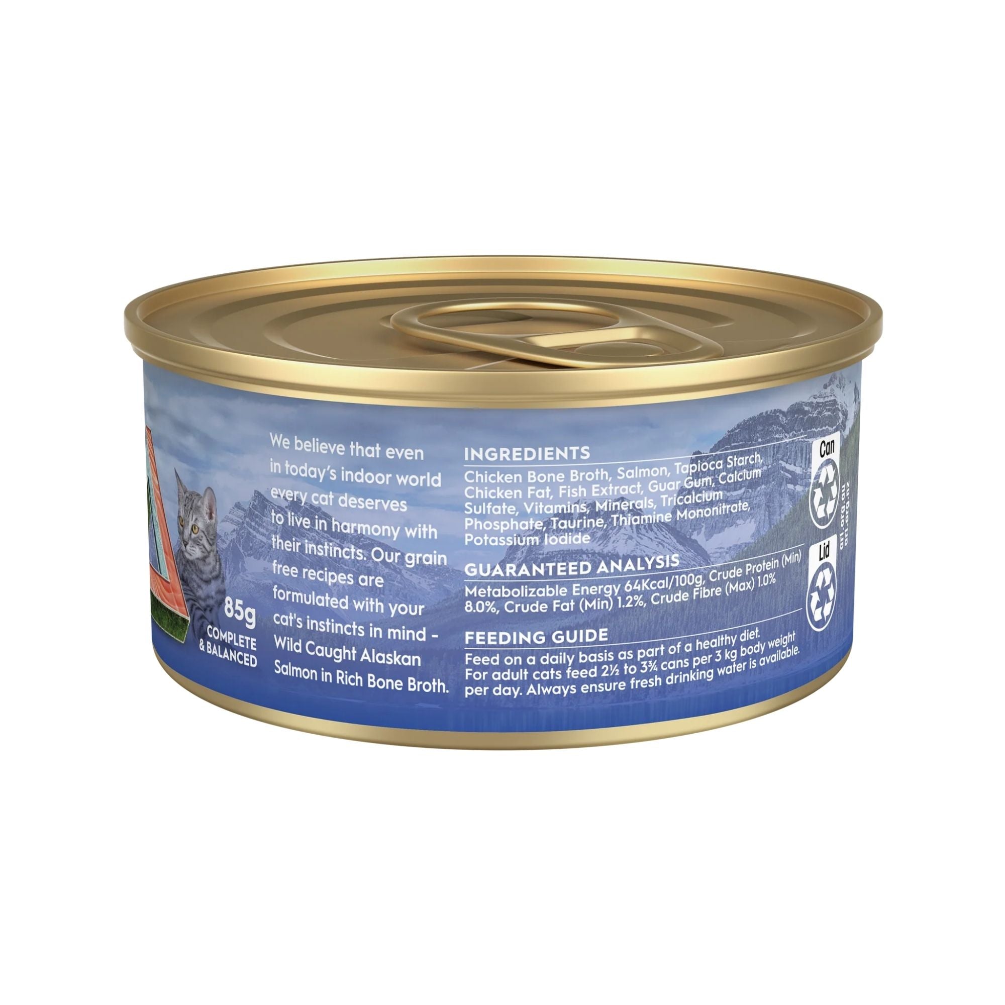 Back label of Trilogy Wild Caught Alaskan Salmon Bone Broth Adult Wet Cat Food 85g showing ingredients and feeding guide