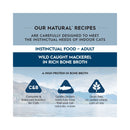 Promotional graphic for Trilogy Wild Caught Mackerel Bone Broth adult cat food highlighting grain-free complete nutrition