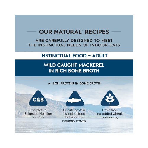 Promotional graphic for Trilogy Wild Caught Mackerel Bone Broth adult cat food highlighting grain-free complete nutrition