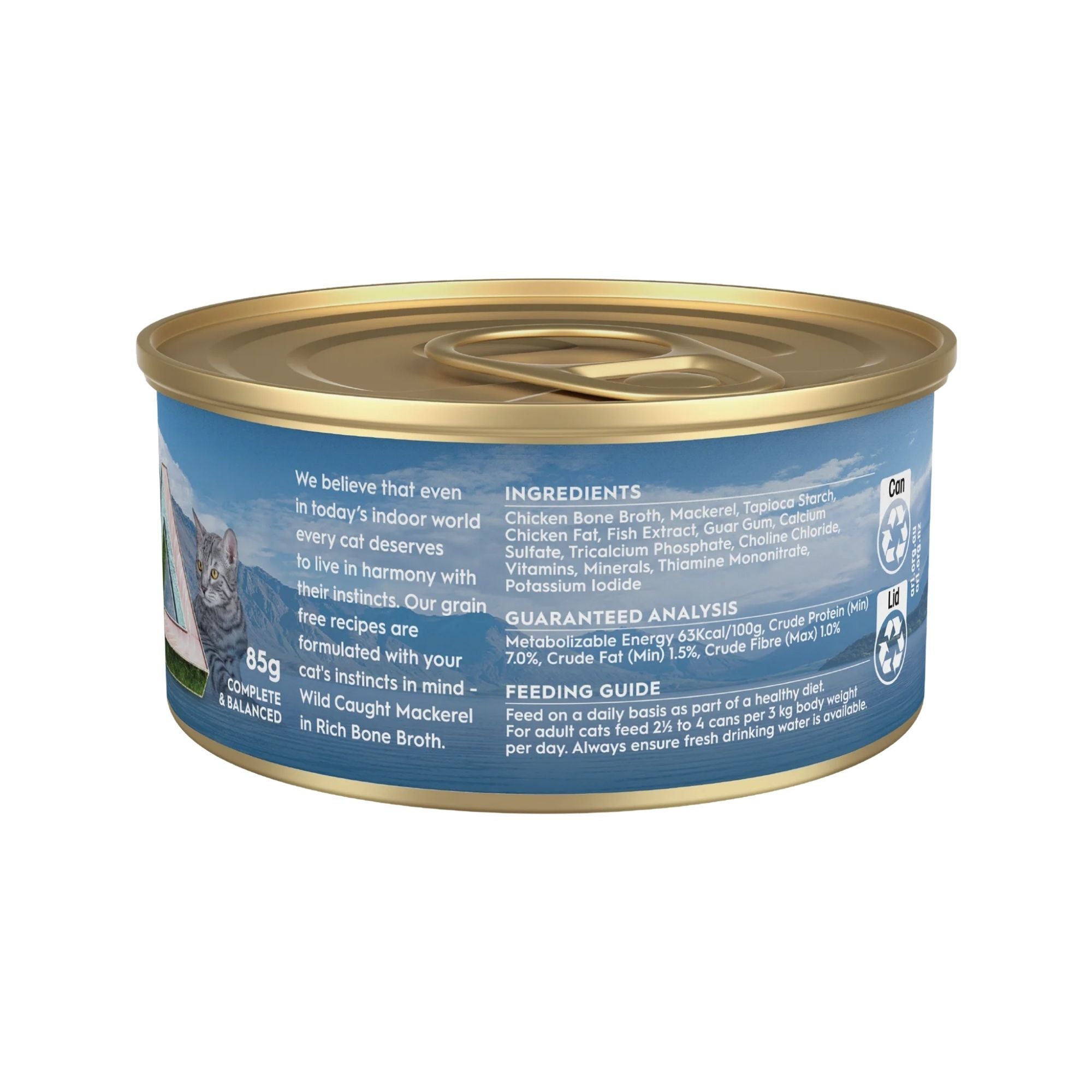 Back label of Trilogy Wild Caught Mackerel Bone Broth Adult Wet Cat Food 85g showing ingredients and feeding guide