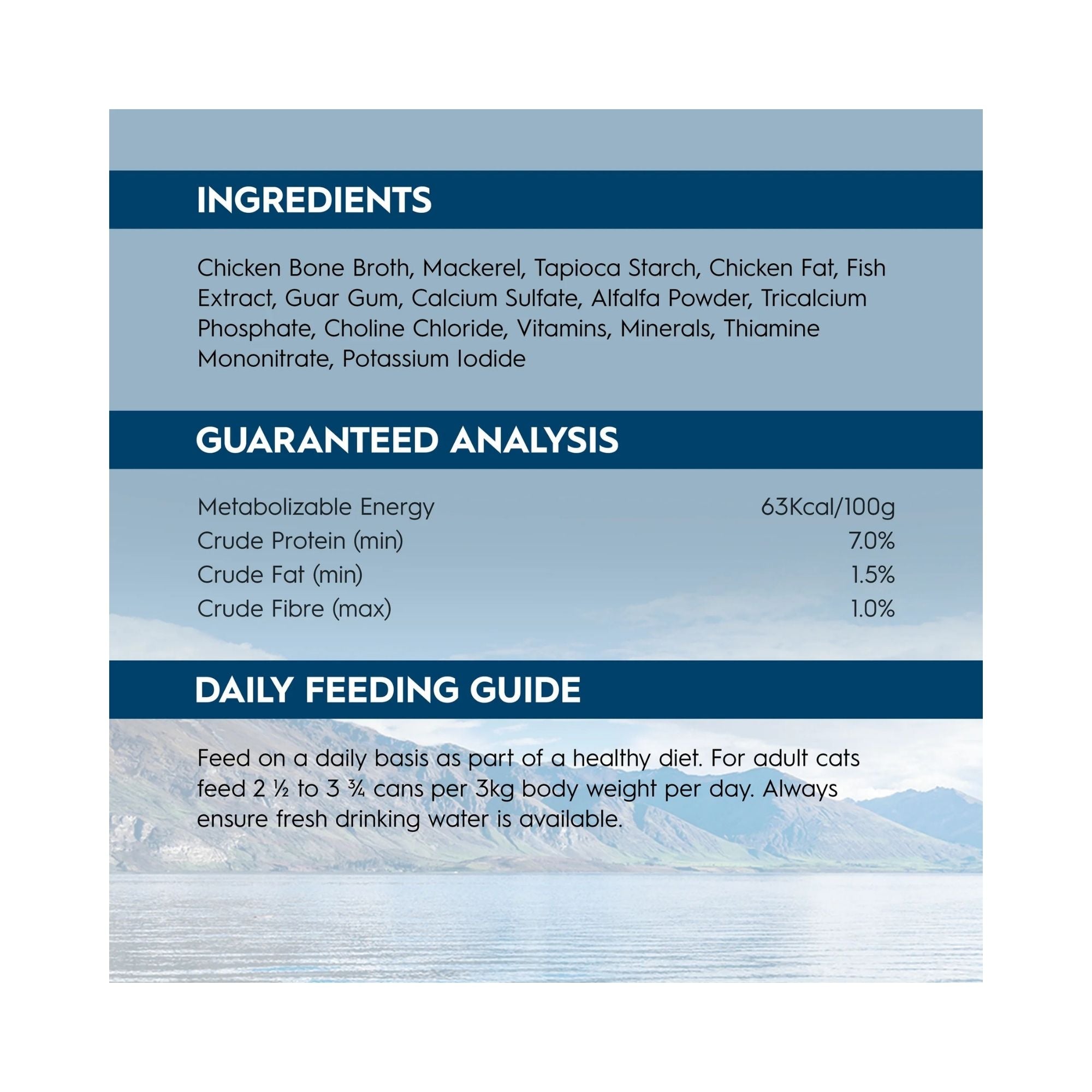 Product information panel for Trilogy Wild Caught Mackerel Bone Broth Adult Wet Cat Food 85g with ingredients and feeding guide
