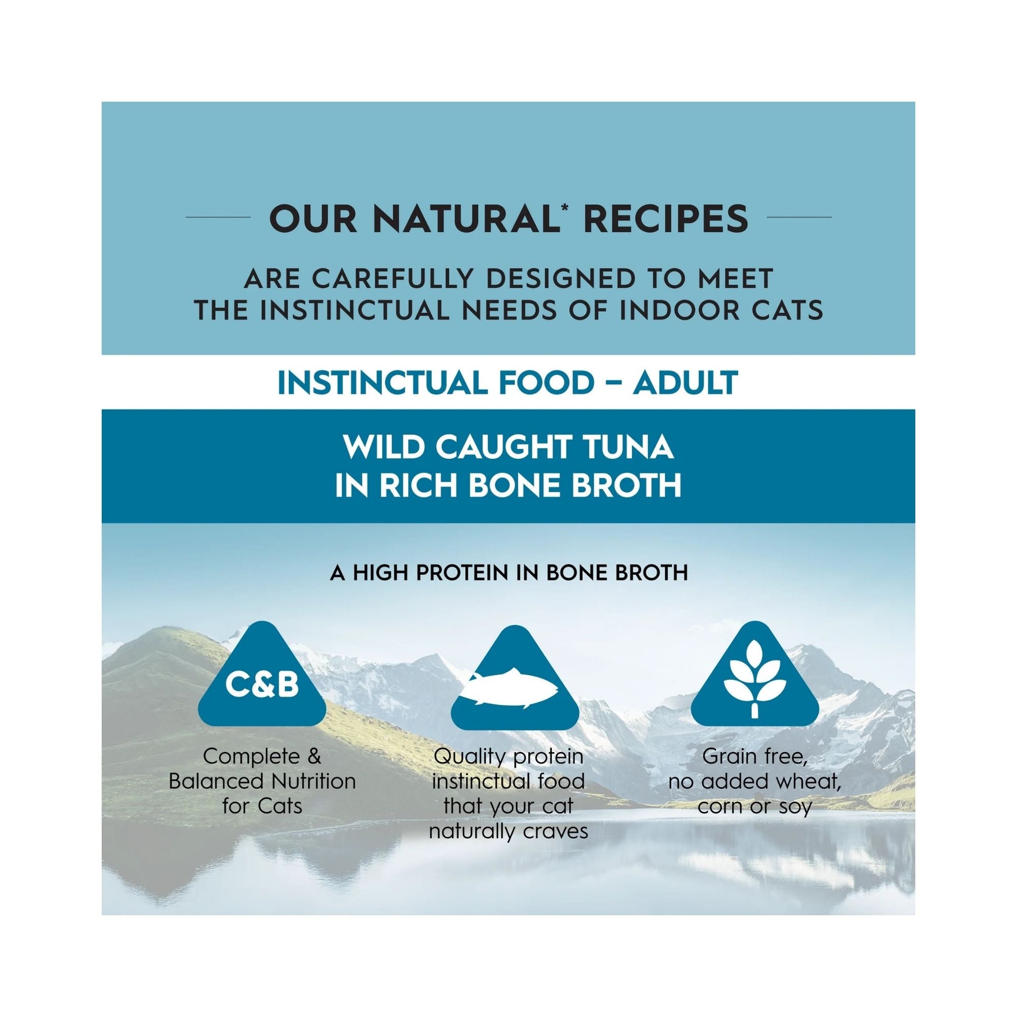 Promotional graphic for Trilogy Wild Caught Tuna Bone Broth adult cat food highlighting grain-free complete nutrition