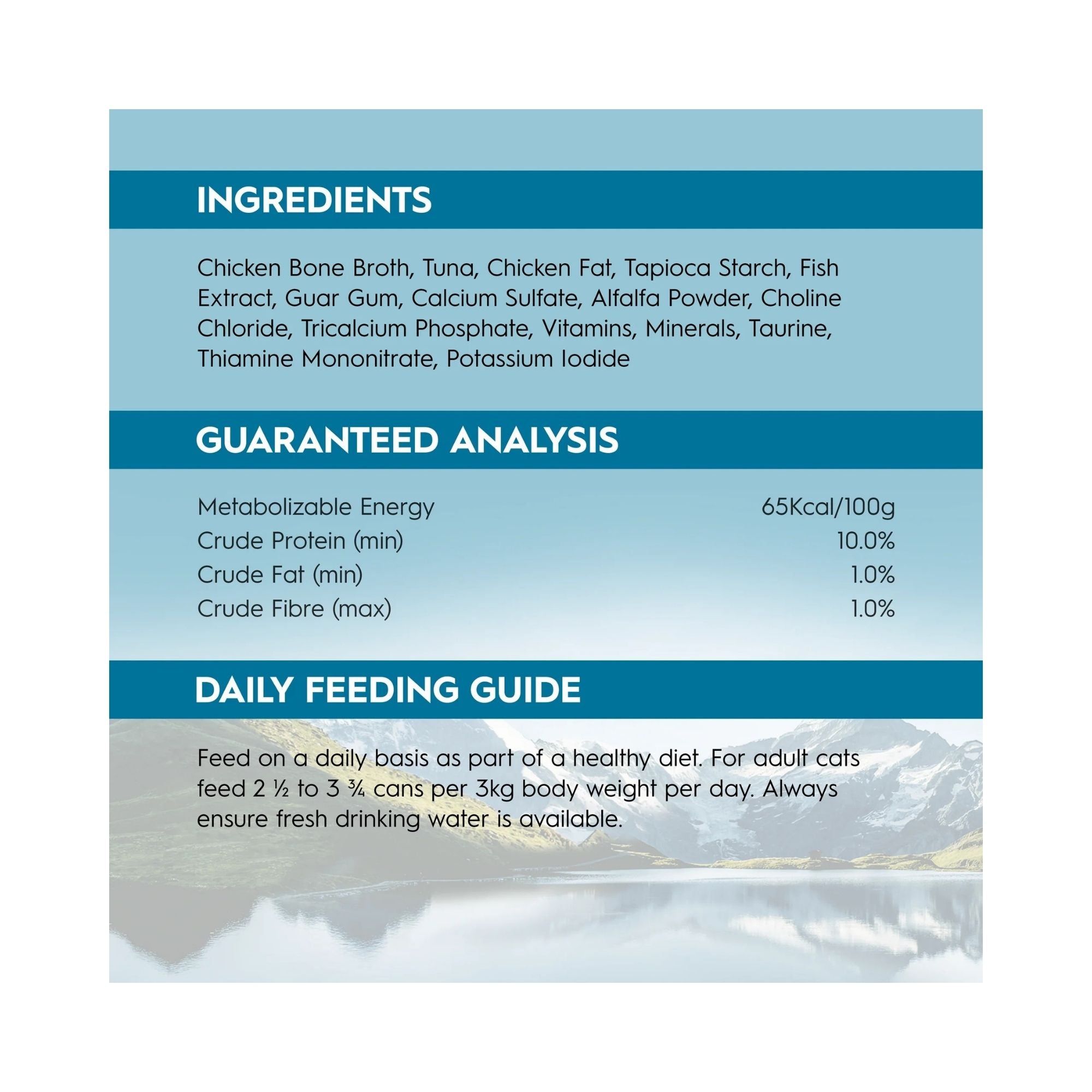 Product information panel for Trilogy Wild Caught Tuna Bone Broth Adult Wet Cat Food 85g with ingredients and feeding guide