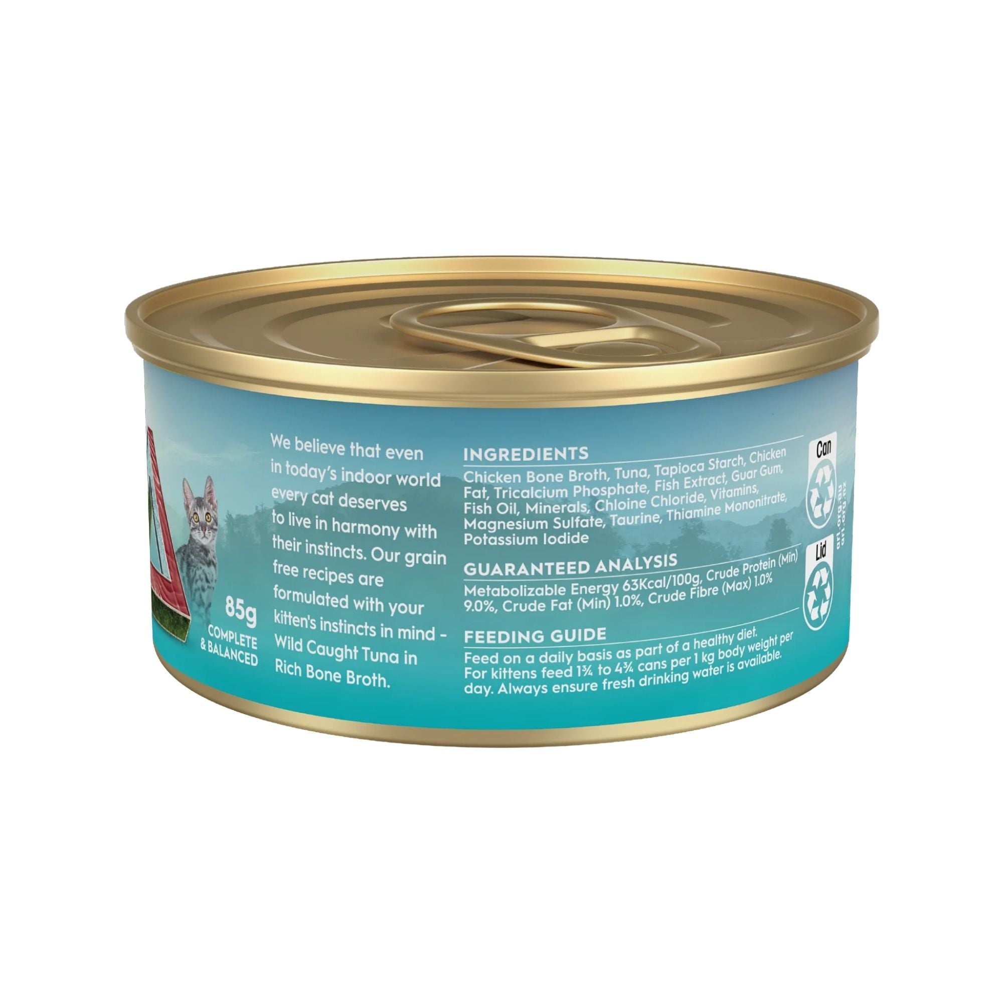 Back label of Trilogy Wild Caught Tuna Bone Broth Kitten Wet Cat Food featuring ingredients and feeding guide 