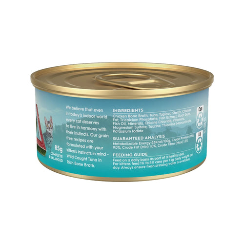 Back label of Trilogy Wild Caught Tuna Bone Broth Kitten Wet Cat Food featuring ingredients and feeding guide 