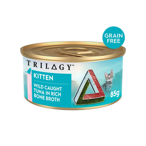 Front and top view of Trilogy Wild Caught Tuna Bone Broth Kitten Wet Cat Food 85g ring pull can with grain-free label