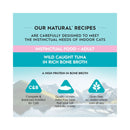 Promotional graphic for Trilogy Wild Caught Tuna Bone Broth kitten food, highlighting grain-free complete nutrition