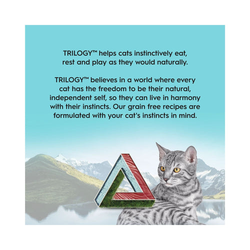 Grey tabby cat in front of scenic lake background beside Trilogy logo promoting natural instinct nutrition