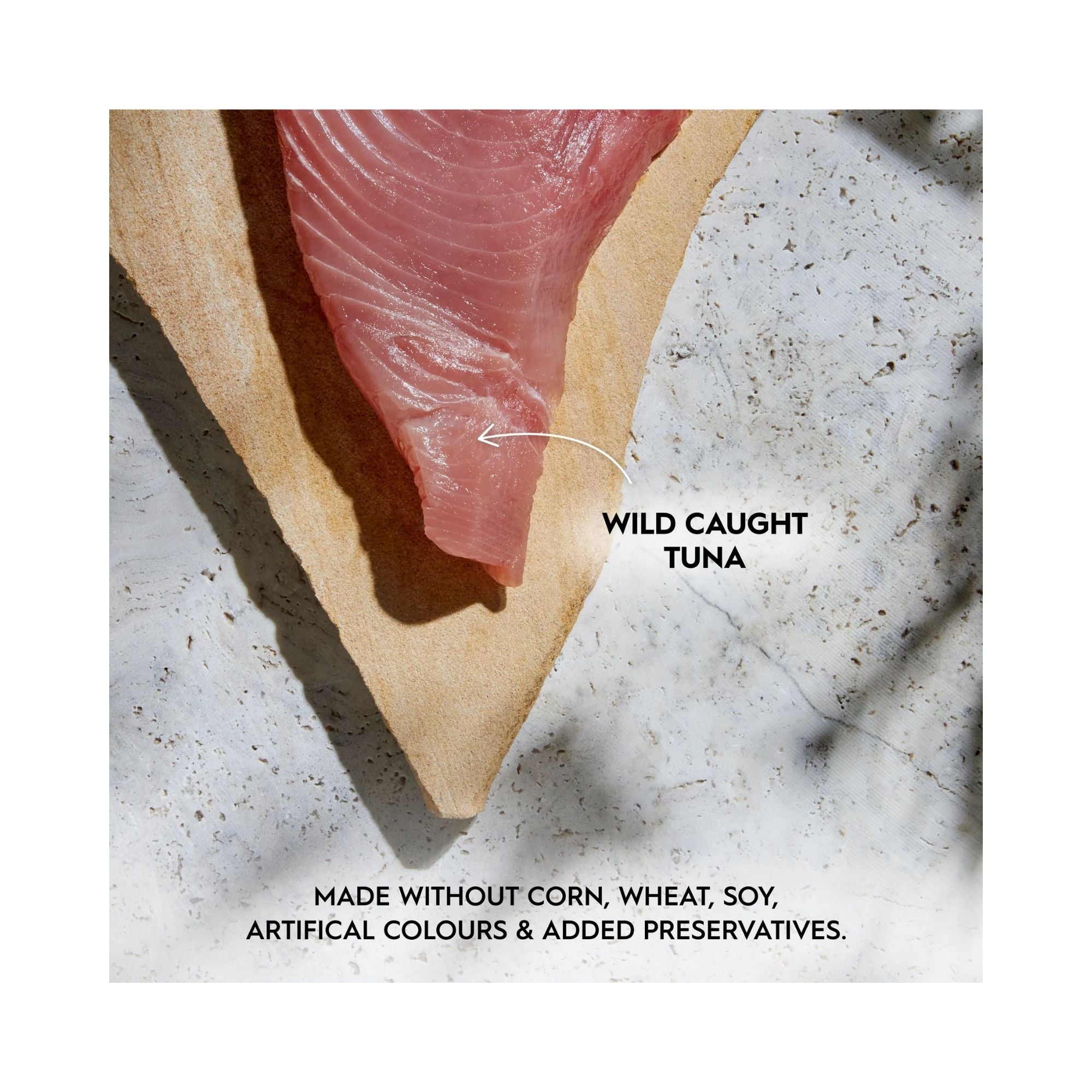 Raw Wild Caught Tuna fillet highlighting grain-free cat food ingredients