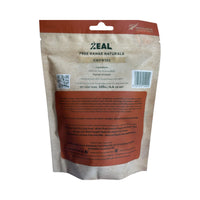 Back view of Zeal Air-Dried Dog Treats - Chewies packaging, showing detailed nutritional information, ingredients, and sustainability commitment.