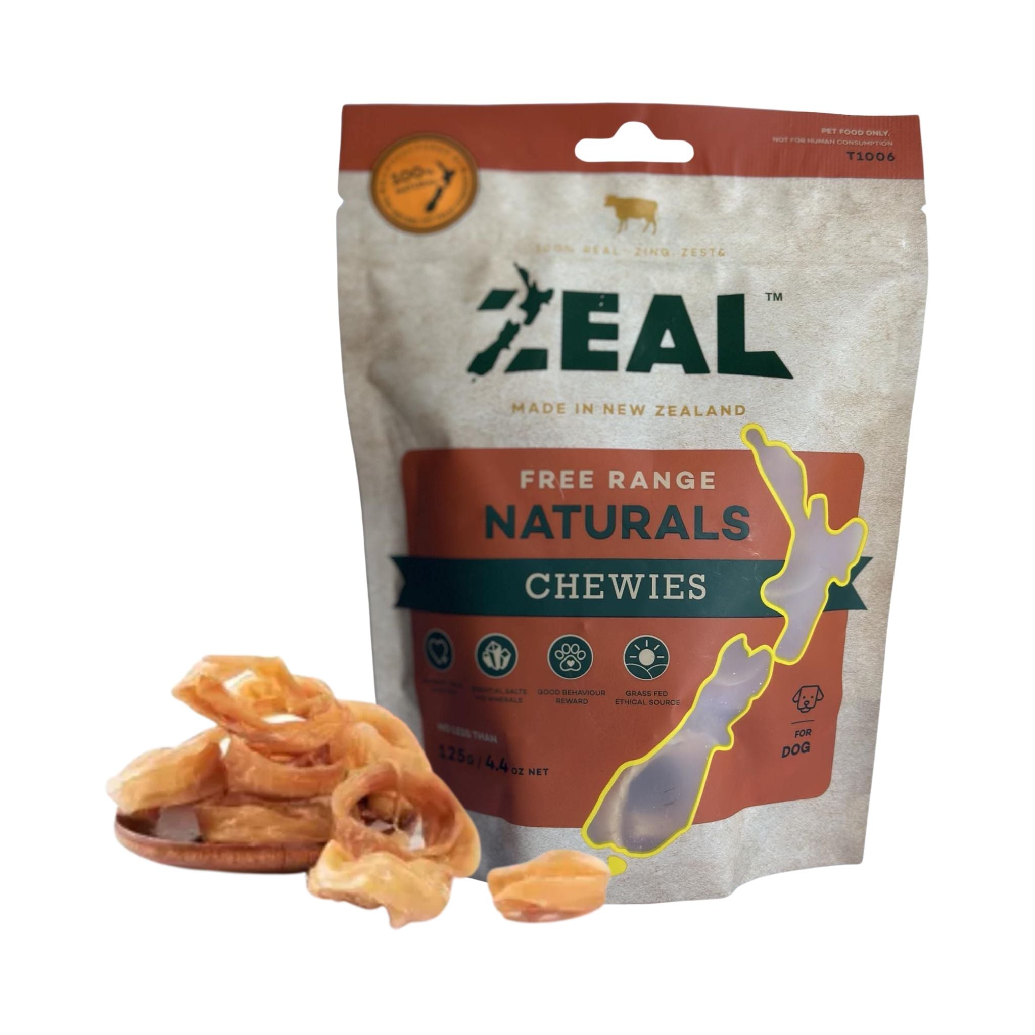 Zeal Air-Dried Chewy Dog Treats 125g pack with treats arranged in front, showcasing the natural and healthy product contents.