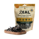 Zeal Air-Dried Sheep Liver Dog Treats 125g pack with savoury sheep liver treats arranged in front, showcasing the natural and healthy product contents.