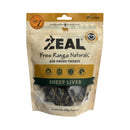 Zeal Air-Dried Sheep Liver Dog Treats 125g pack, featuring natural and free-range branding with features and benefits for dogs.