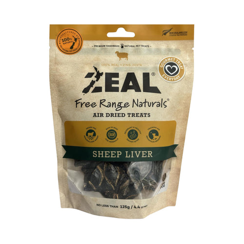 Zeal Air-Dried Sheep Liver Dog Treats 125g pack, featuring natural and free-range branding with features and benefits for dogs.