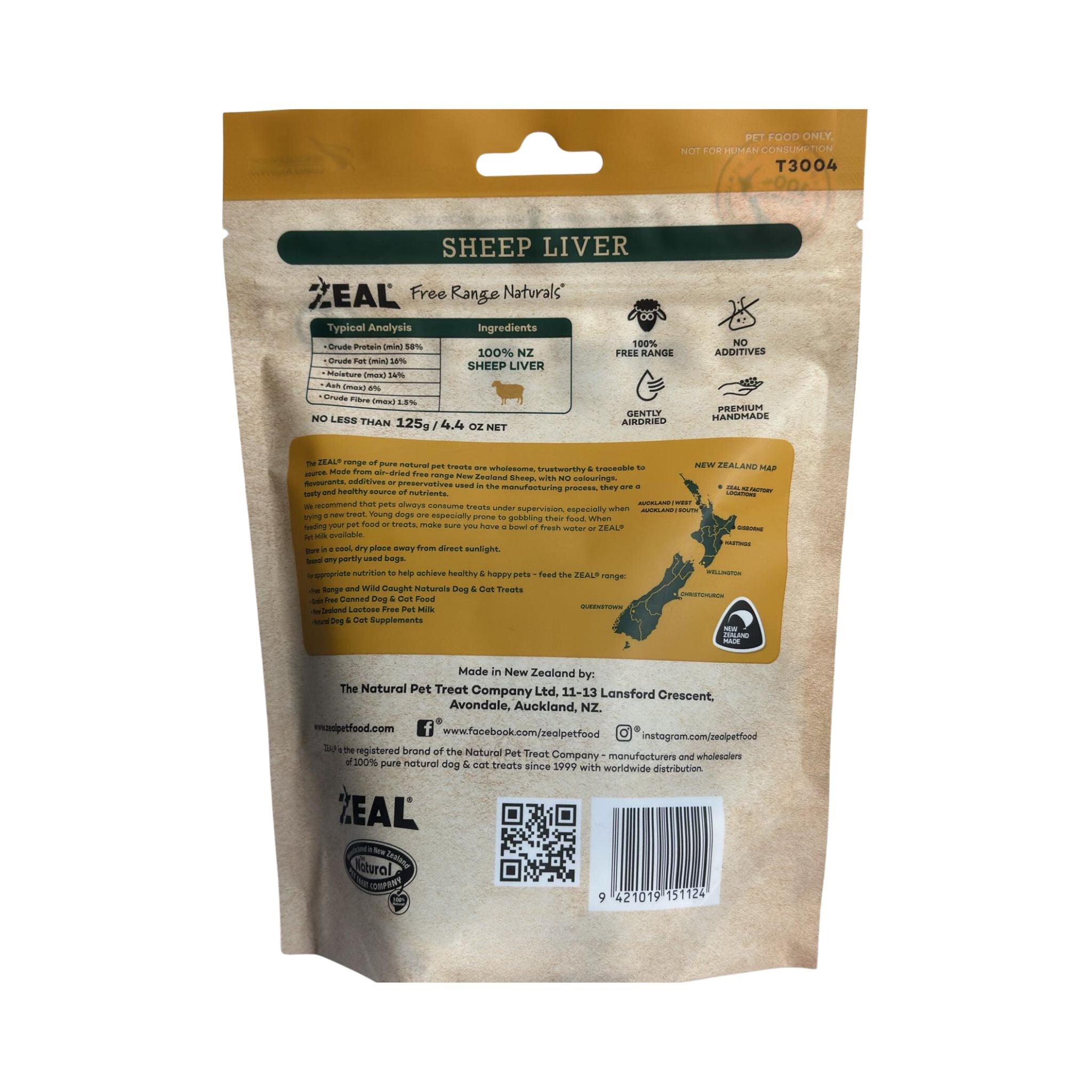 Back view of Zeal Air-Dried Sheep Liver Dog Treats 125g pack, displaying ingredient details, nutritional information, and storage instructions.