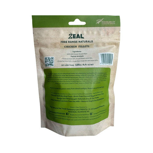 Back of branded packaging featuring information about Zeal Free Range Naturals Chicken Treats for dogs.
