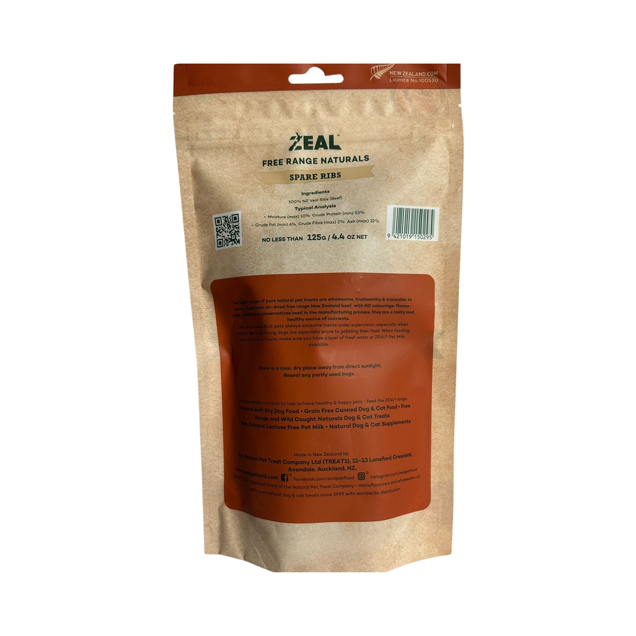 Back view of a pack of Zeal Spare Ribs Treats for Dogs featuring natural ingredients and other information.