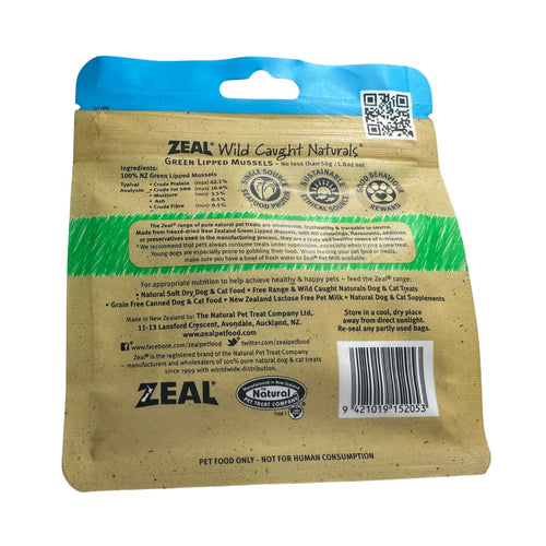Back view of a Zeal Freeze Dried Green Lipped Mussels for Dogs & Cats package with text and branding.