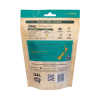 Zeal Hoki Fish Cubes 85g, back of branded packaging featuring nutritional information.