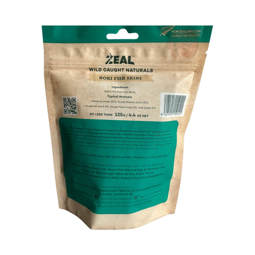 Zeal Dog Treats - New Zealnd Hoki Fish Skins, 125g pack.