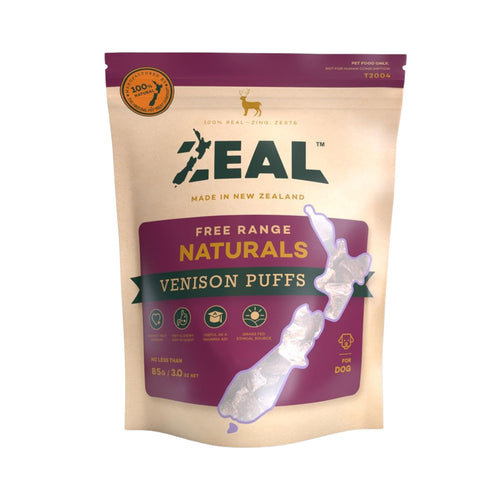 Zeal New Zealand made Dog Treats, Free Range Naturals Venison Puffs.