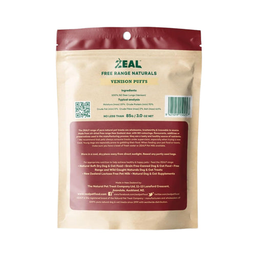 Back of branded packaging of Zeal Free Range Naturals Venison Puffs.