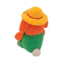 ZippyPaws Cheeky Chumz Garrett the Gardener Plush Dog Toy shown from the back, featuring orange fuzzy arms and torso, a yellow wide-brim hat with a thin red band, green pants, and a small white fluffy tail, photographed on a plain white background.