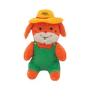ZippyPaws Cheeky Chumz Garrett the Gardener Plush Dog Toy, wearing a yellow hat with a black stitched symbol and green overalls, on a plain white background.