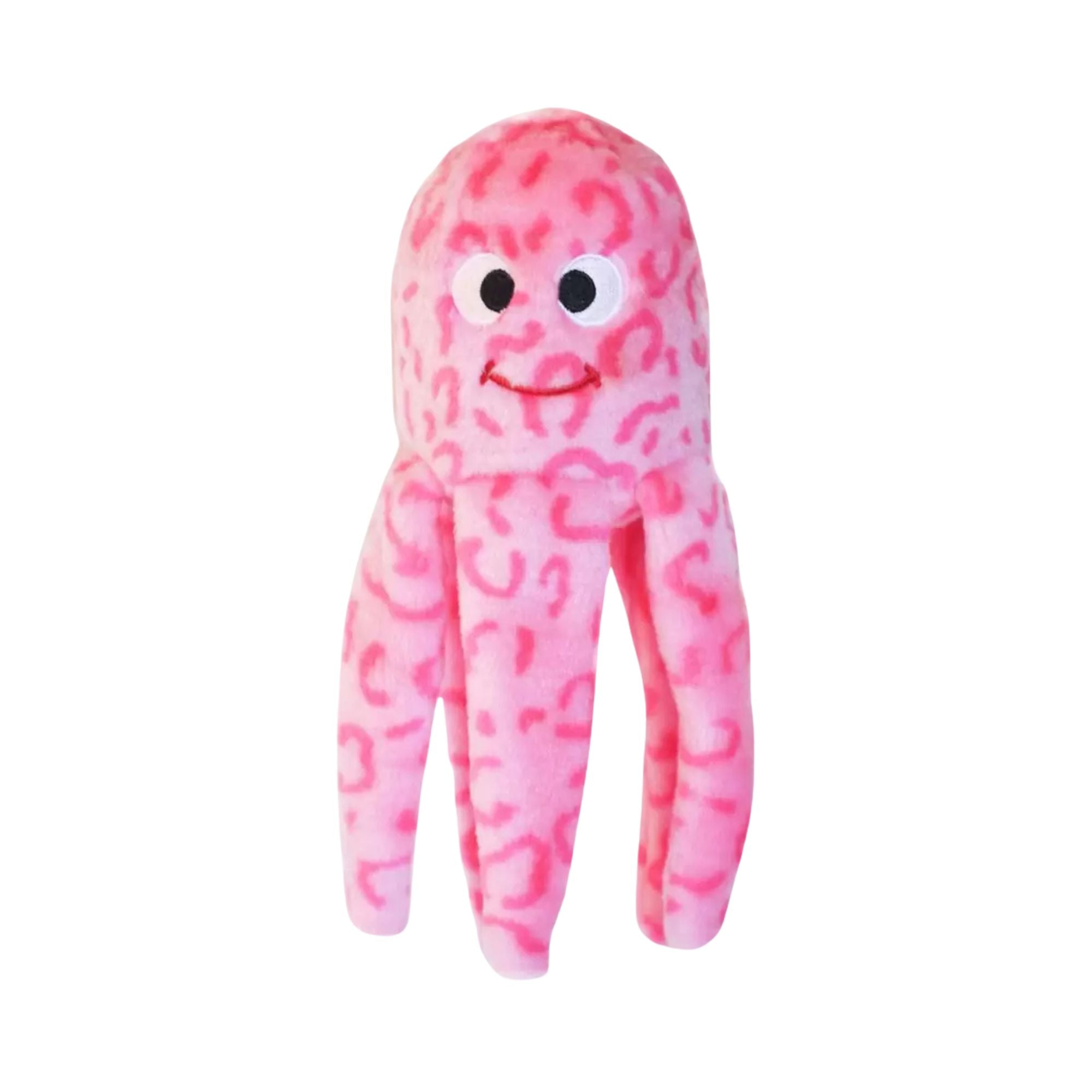 ZippyPaws Floppy Jelly Plush Dog Toy with dangling tentacles, white/black eyes, and a small red stitched smile, shown against a plain white background.