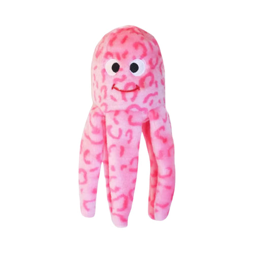 ZippyPaws Floppy Jelly Plush Dog Toy with dangling tentacles, white/black eyes, and a small red stitched smile, shown against a plain white background.